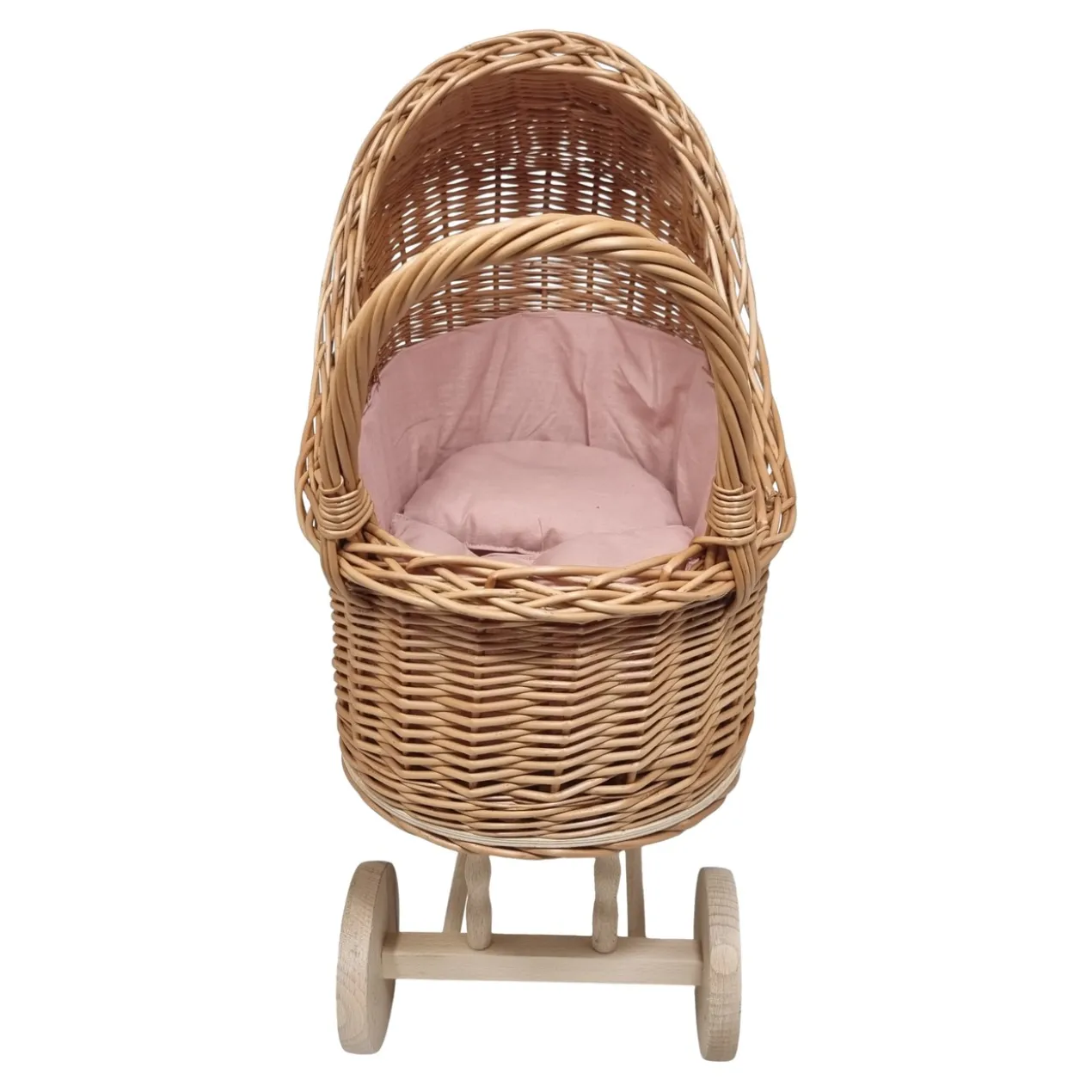 Poppenwagen Riet roze roze bekleding met kussentjes