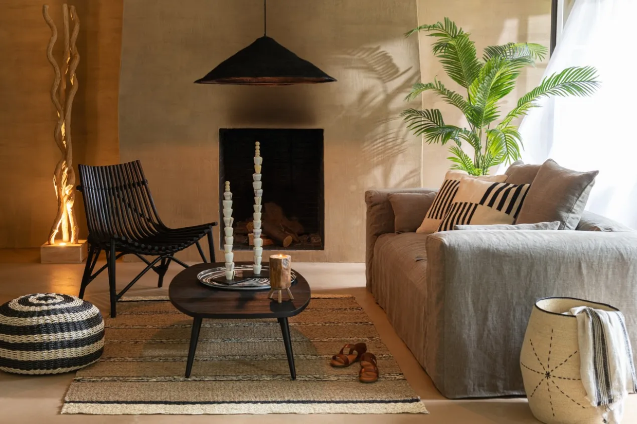 Pouf Roundabout gestreept wit naturel