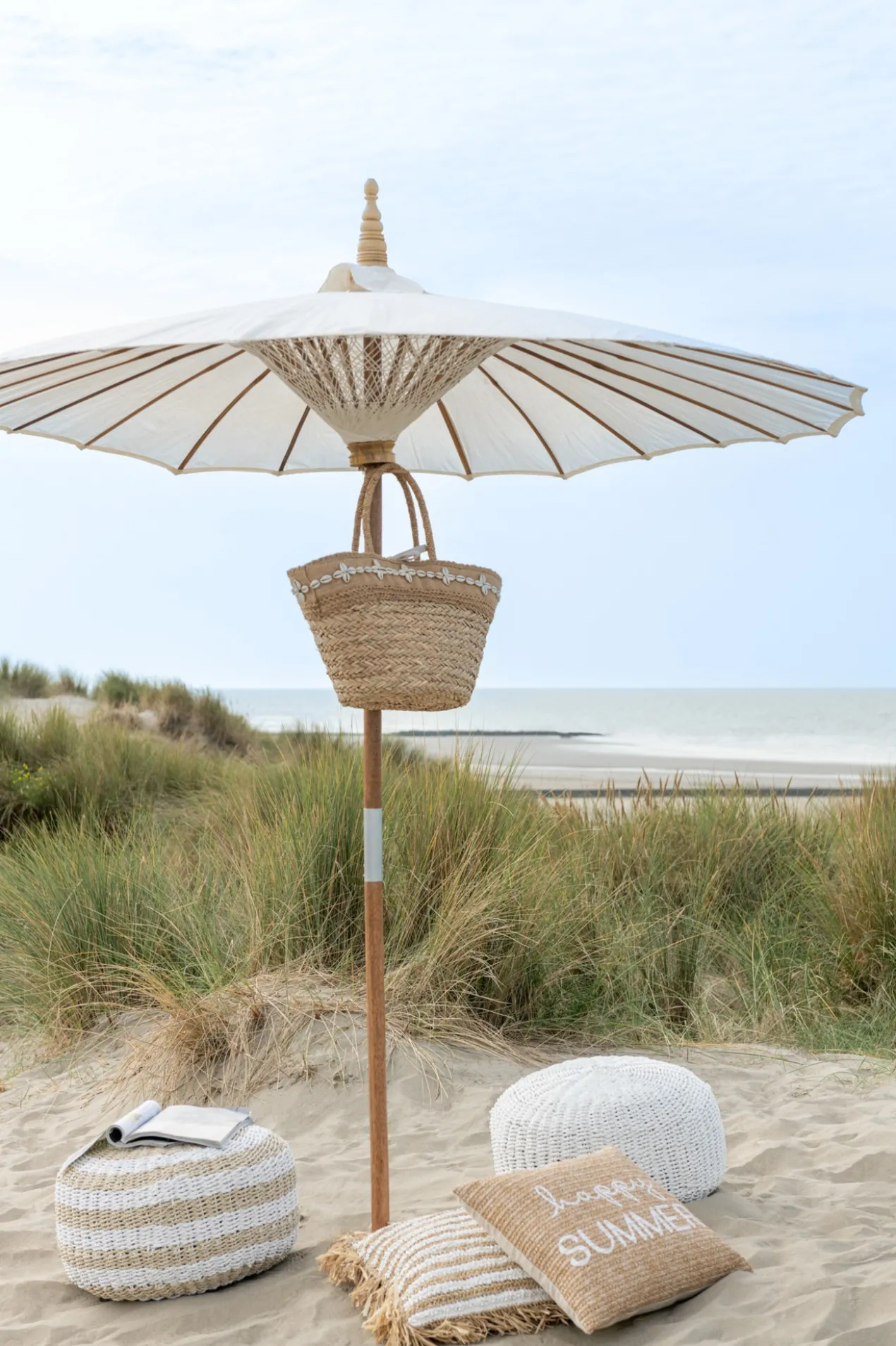 Pouf Roundabout gestreept wit naturel