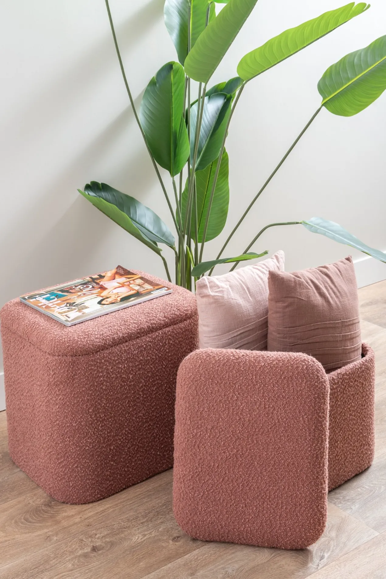 Pouf set Ada storage bouclé faded pink, set of 2pcs