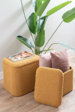 Pouf set Ada storage bouclé ochre yellow, set of 2pcs