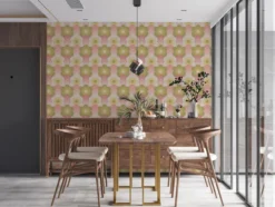 Retro bloemmotief op licht gestructureerd behang – roze, groen, crème Golven en bloemmotieven in retrostijl op licht gestructureerd behang – roze, groen, crème #1