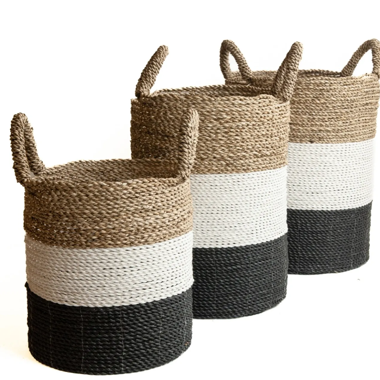 Seagrass gevlochten mand natural/wit/zwart S