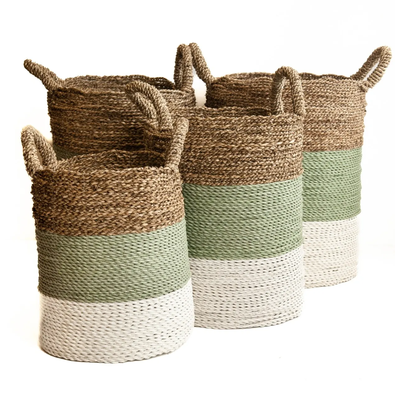 Seagrass gevlochten mand natural/groen-grijs/wit S