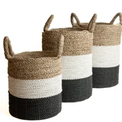 Seagrass gevlochten mand natural/wit/zwart L