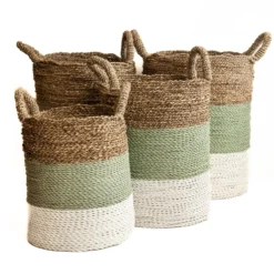 Seagrass gevlochten mand natural/groen-grijs/wit M