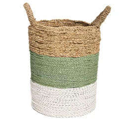 Seagrass gevlochten mand natural/groen-grijs/wit L