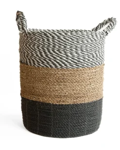 Seagrass gevlochten mand zwart-wit/natural/zwart L