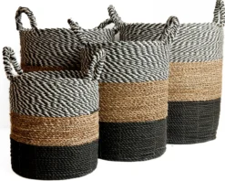 Seagrass gevlochten mand zwart-wit/natural/zwart L