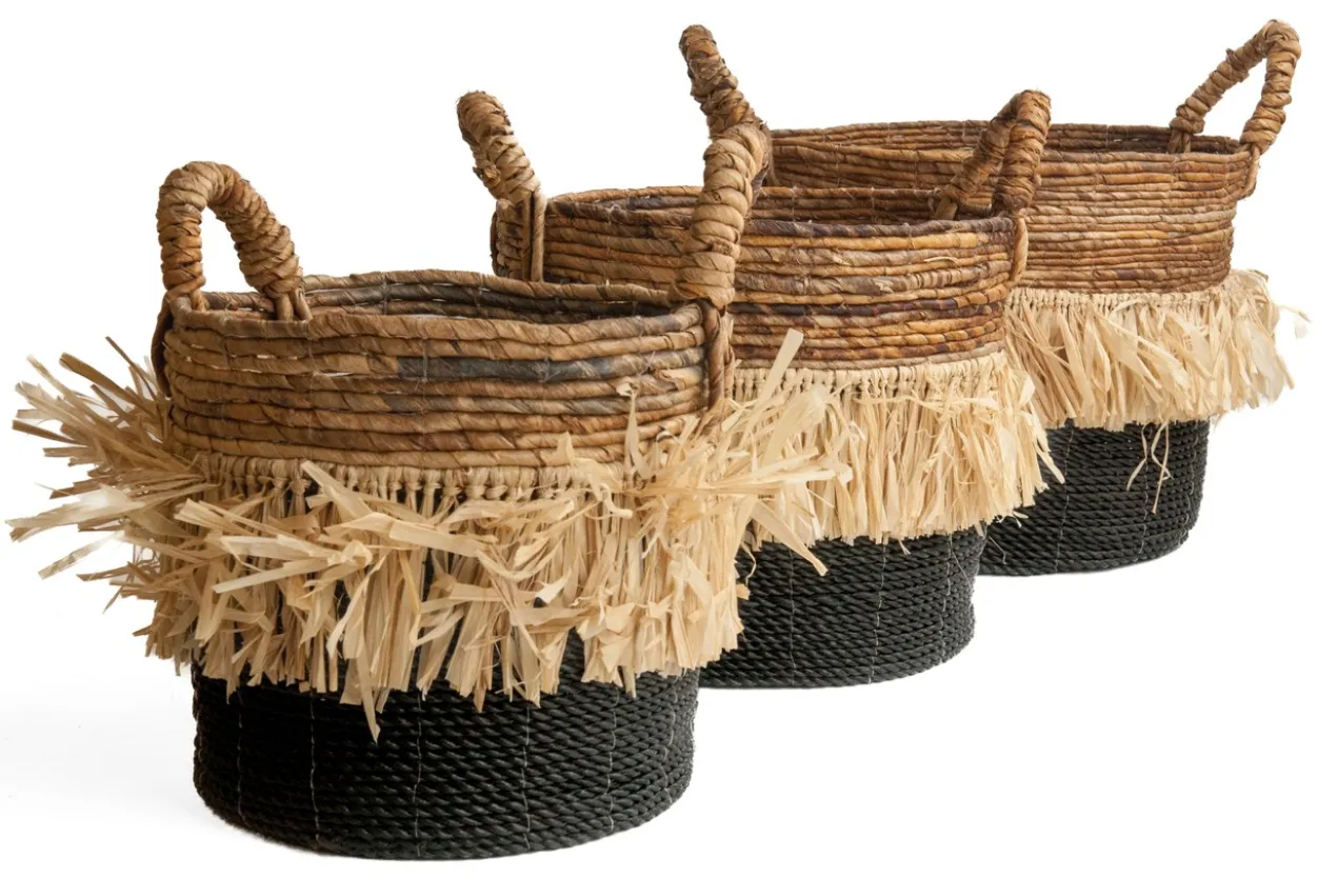 Seagrass waterhyacint mand met raffia natural/zwart S