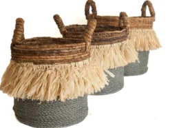Seagrass waterhyacint mand met raffia natural/grijs S
