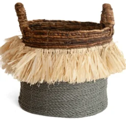 Seagrass waterhyacint mand met raffia naturel/grijs M