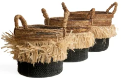 Seagrass waterhyacint mand met raffia natural/zwart M