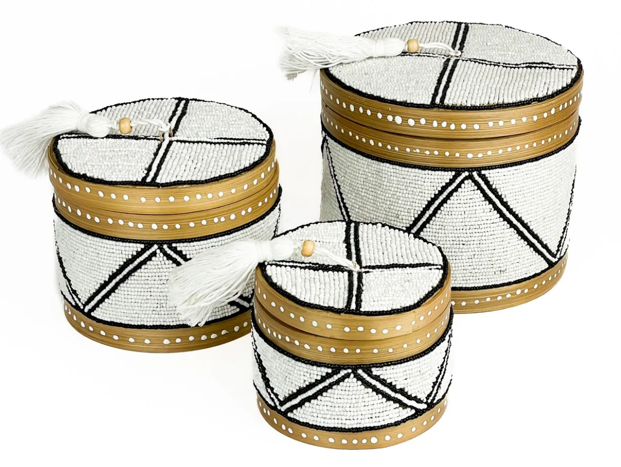Set bamboe offermanden kraaltjes rond wit/zwart