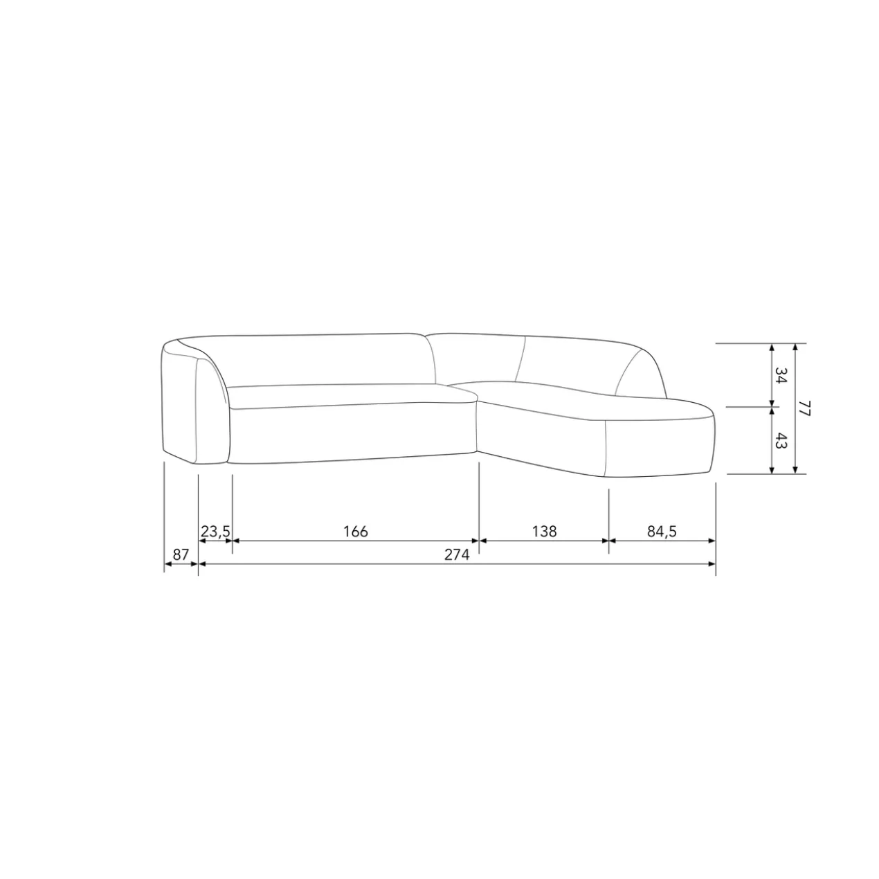 Sloping hoekbank rechts pearl melange