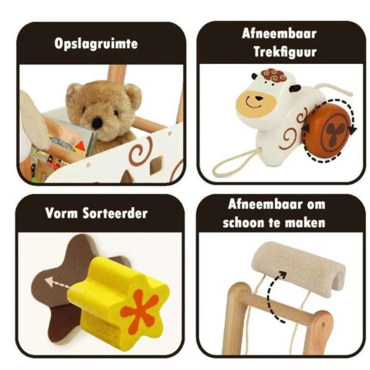 Speelgoed Duwwagen Koe zwart/wit met trekfiguur