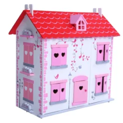 Speelgoed poppenhuis cottage wit/roze inclusief meubels