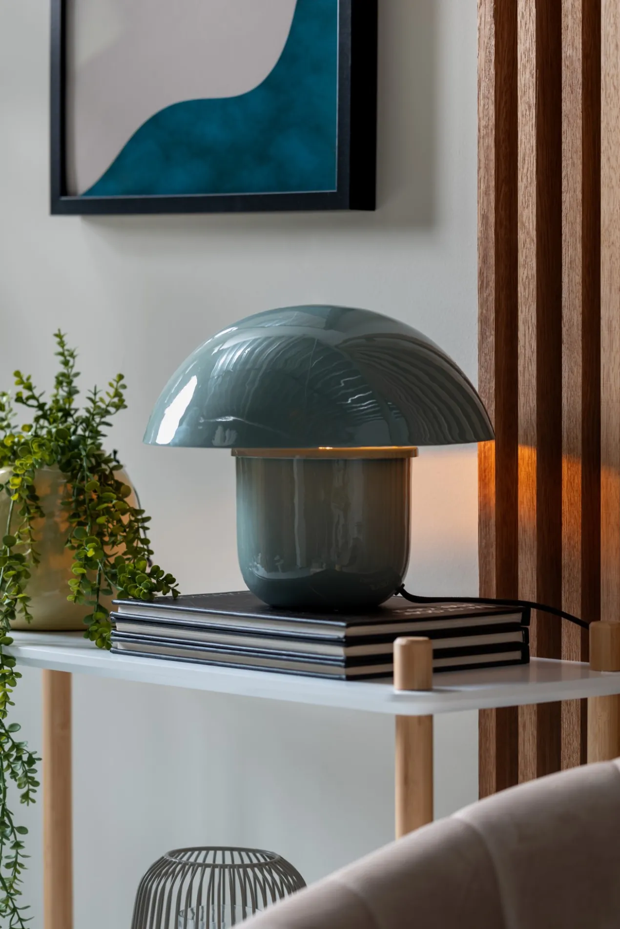 Table lamp Fat Mushroom enamel misty blue
