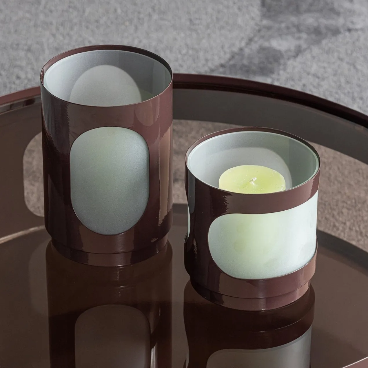 Tavo windlichten metaal/glas bruin - set van 2