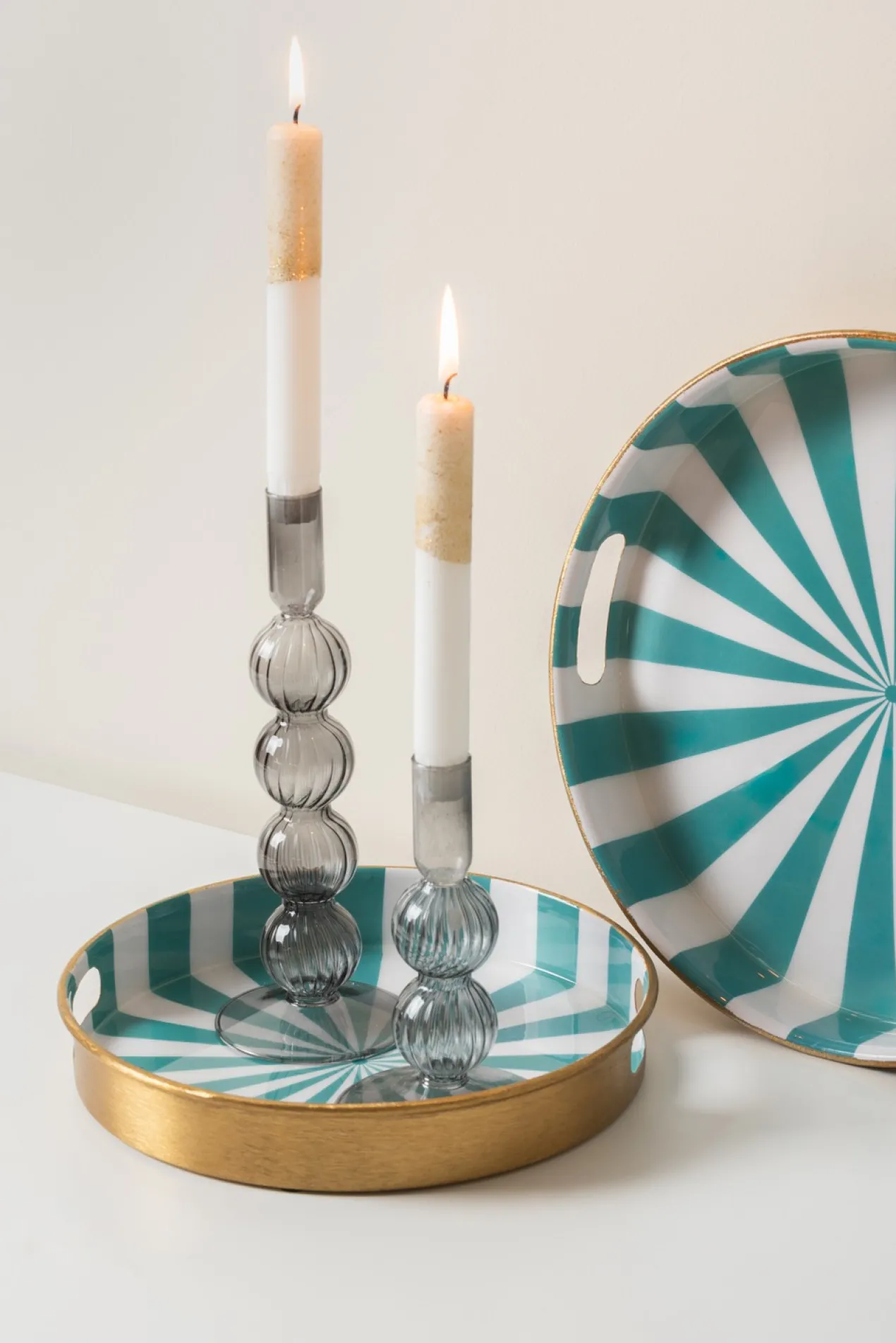 Tray set Candy Swirl enamel turquoise blue & white, Set of 2pcs