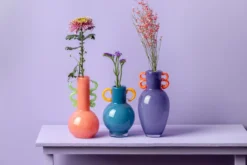 Vase Fiesta glass medium bright pink, green handles