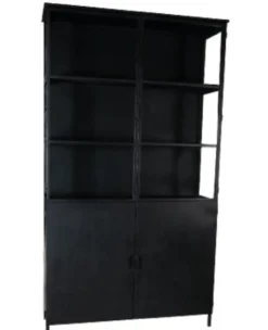Vitrinekast zwart, deuren glas/half staal