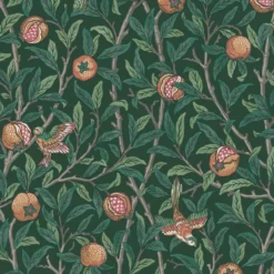 Vliesbehang bird & pomegranate deep green