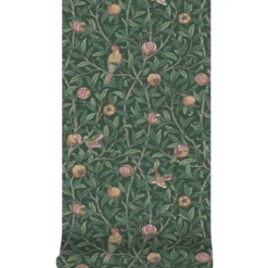 Vliesbehang bird & pomegranate deep green