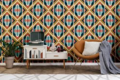 Vliesbehang geometrische ornamenten in retrostijl – blauw, geel, rood Geometrische ornamenten in retrostijl – blauw, geel, rood #1