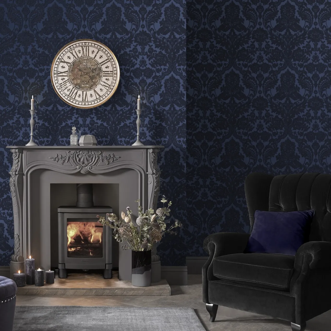 Vliesbehang Gothic Damask Flock Cobalt