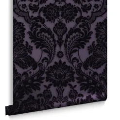 Vliesbehang Gothic Damask Flock Plum