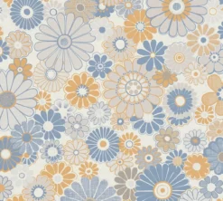 Vliesbehang met bloemmotief in retro stijl - blauw, oranje, grijs #1