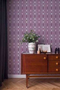 Vliesbehang met geometrische patronen in retrostijl - paars, crème, wit #1