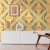 Vliesbehang retro geometrische ornamenten – groen, geel, oranje Geometrische ornamenten in retrostijl op vliesbehang – groen, geel, oranje #1