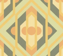 Vliesbehang retro geometrische ornamenten – groen, geel, oranje Geometrische ornamenten in retrostijl op vliesbehang – groen, geel, oranje #1