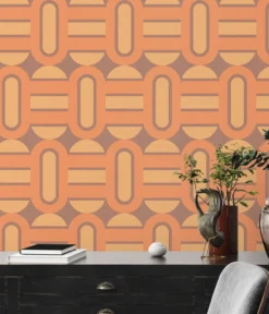 Vliesbehang retro versierd met ovalen en balken in warme kleuren – bruin, geel, oranje Retro vliesbehang versierd met ovalen en balken in warme kleuren – bruin, geel, oranje #1
