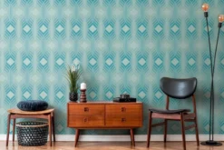 Vliesbehang ruitpatroon – blauw, lichtblauw, turquoise Ruitpatroon op retro vliesbehang – blauw, lichtblauw, turquoise #1