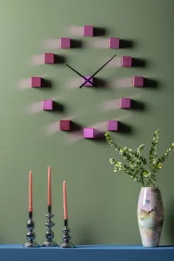 Wall clock DIY Cubic metallic dark pink
