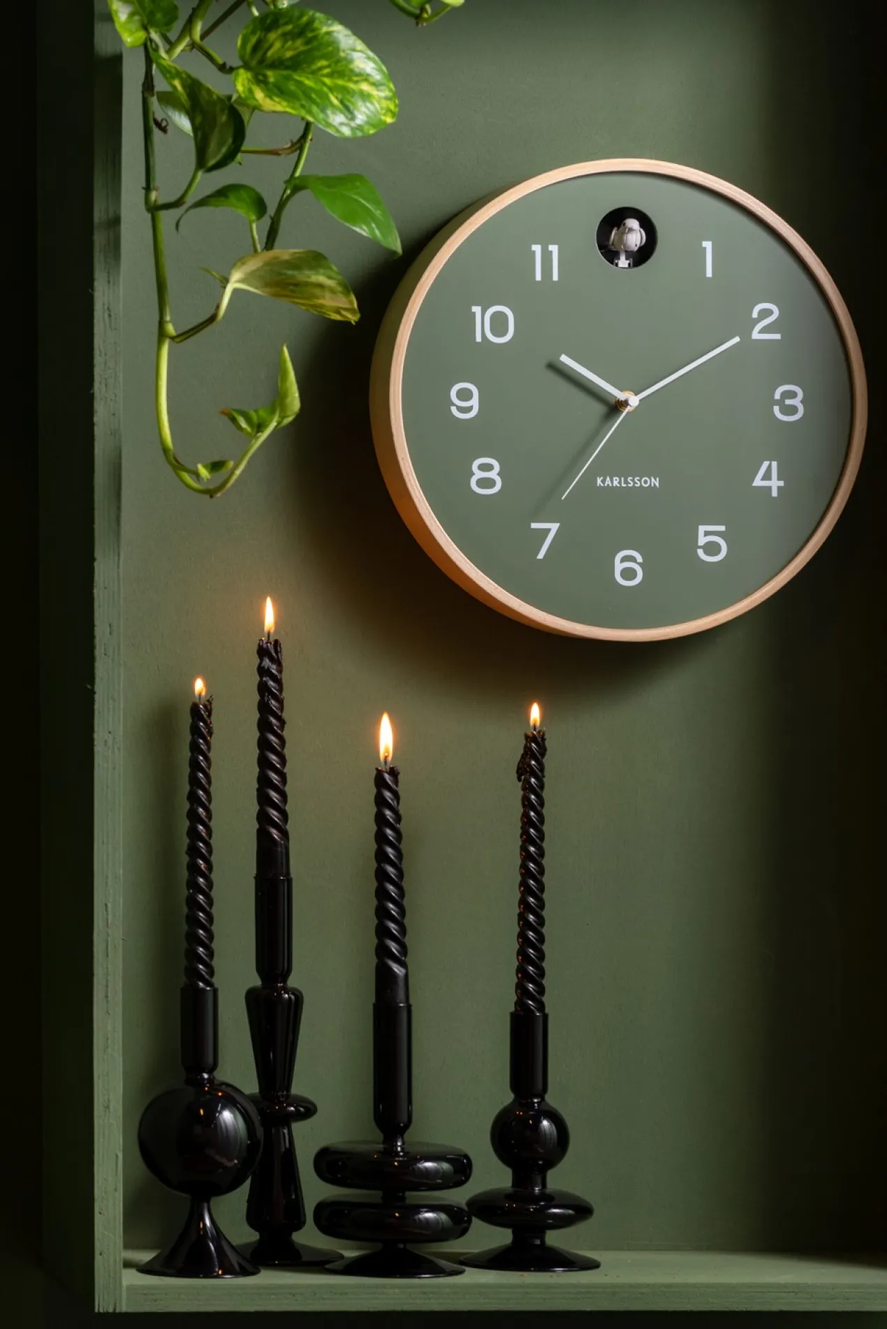 Wall clock Natural Cuckoo birch wood jungle green