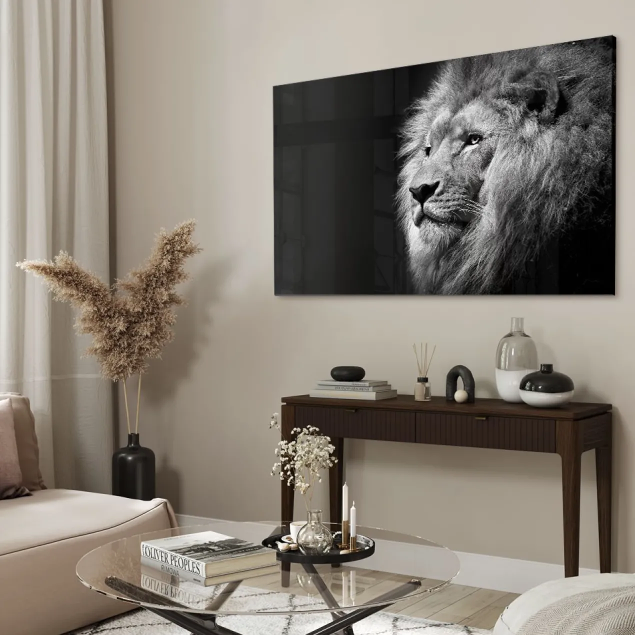 Walljar acrylglas schilderij - Gazing Lion Acrylglas schilderij - 50 x 70 cm