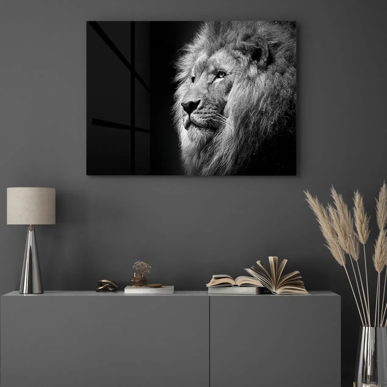 Walljar acrylglas schilderij - Gazing Lion Acrylglas schilderij - 50 x 70 cm
