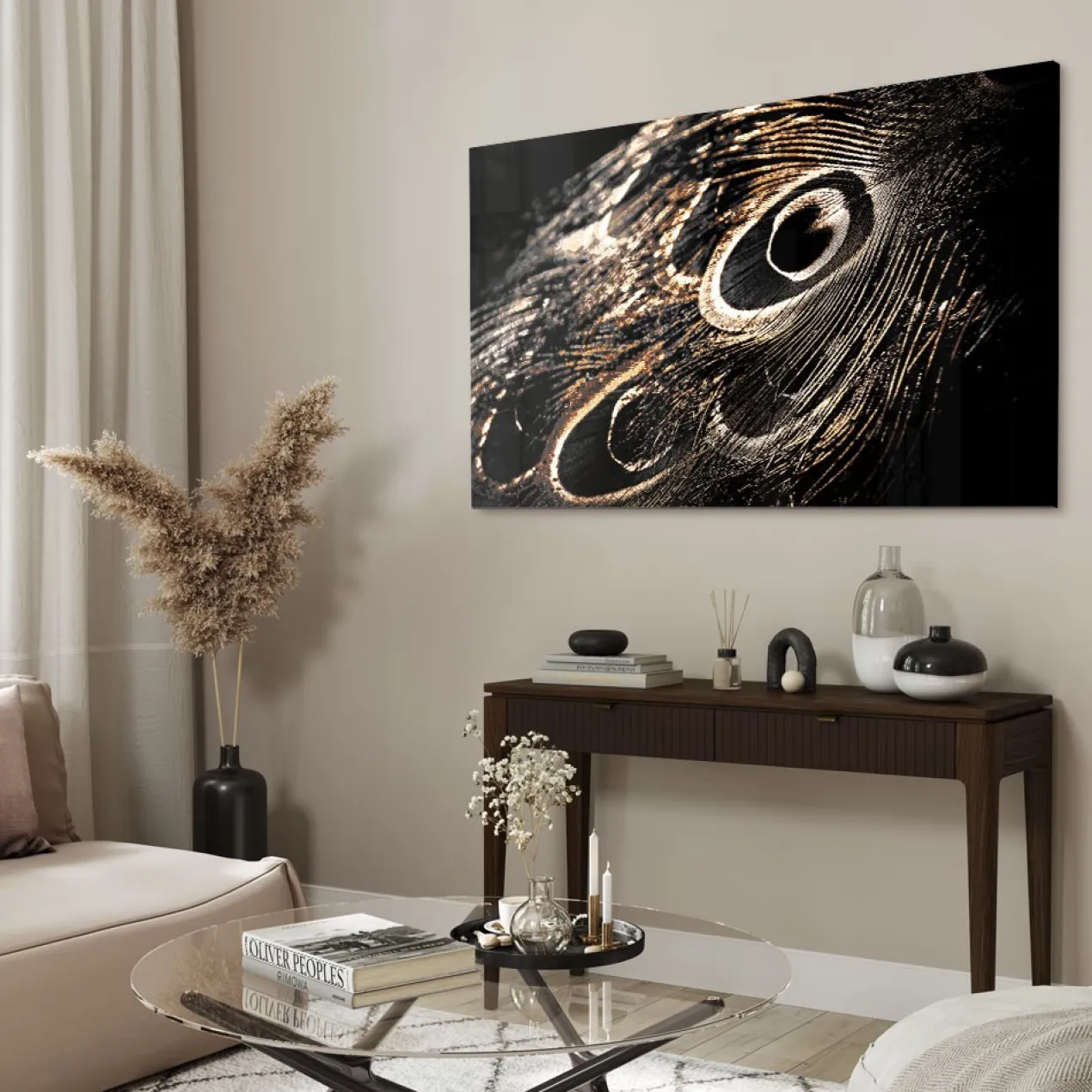 Walljar acrylglas schilderij - Peacock Feathers Acrylglas schilderij - 80 x 120 cm