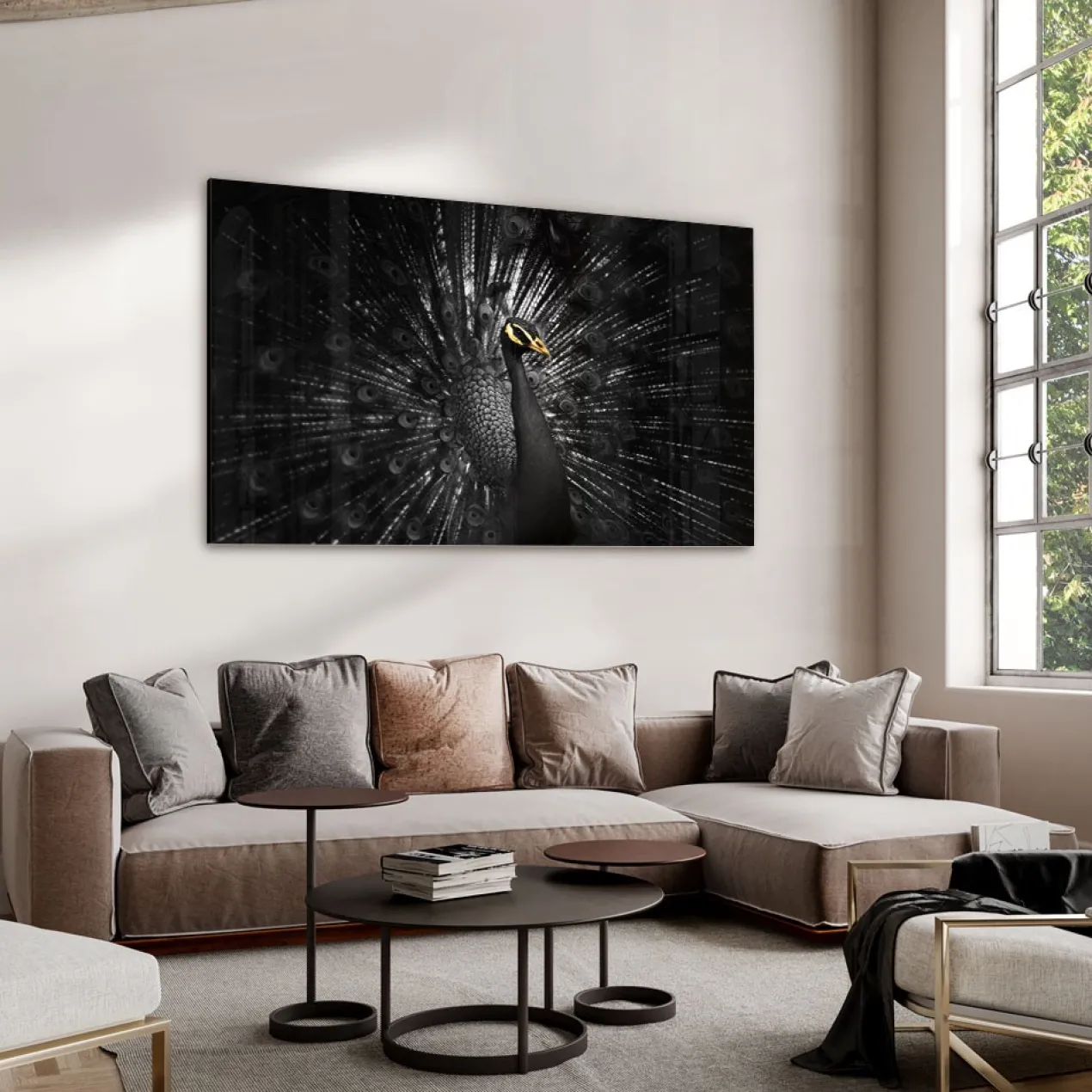Walljar acrylglas schilderij - Golden Peacock Acrylglas schilderij - 70 x 100 cm