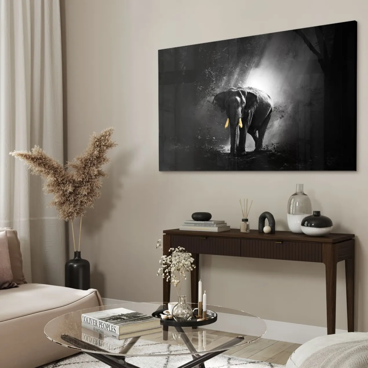 Walljar acrylglas schilderij - Golden Elephant Acrylglas schilderij - 150 x 225 cm