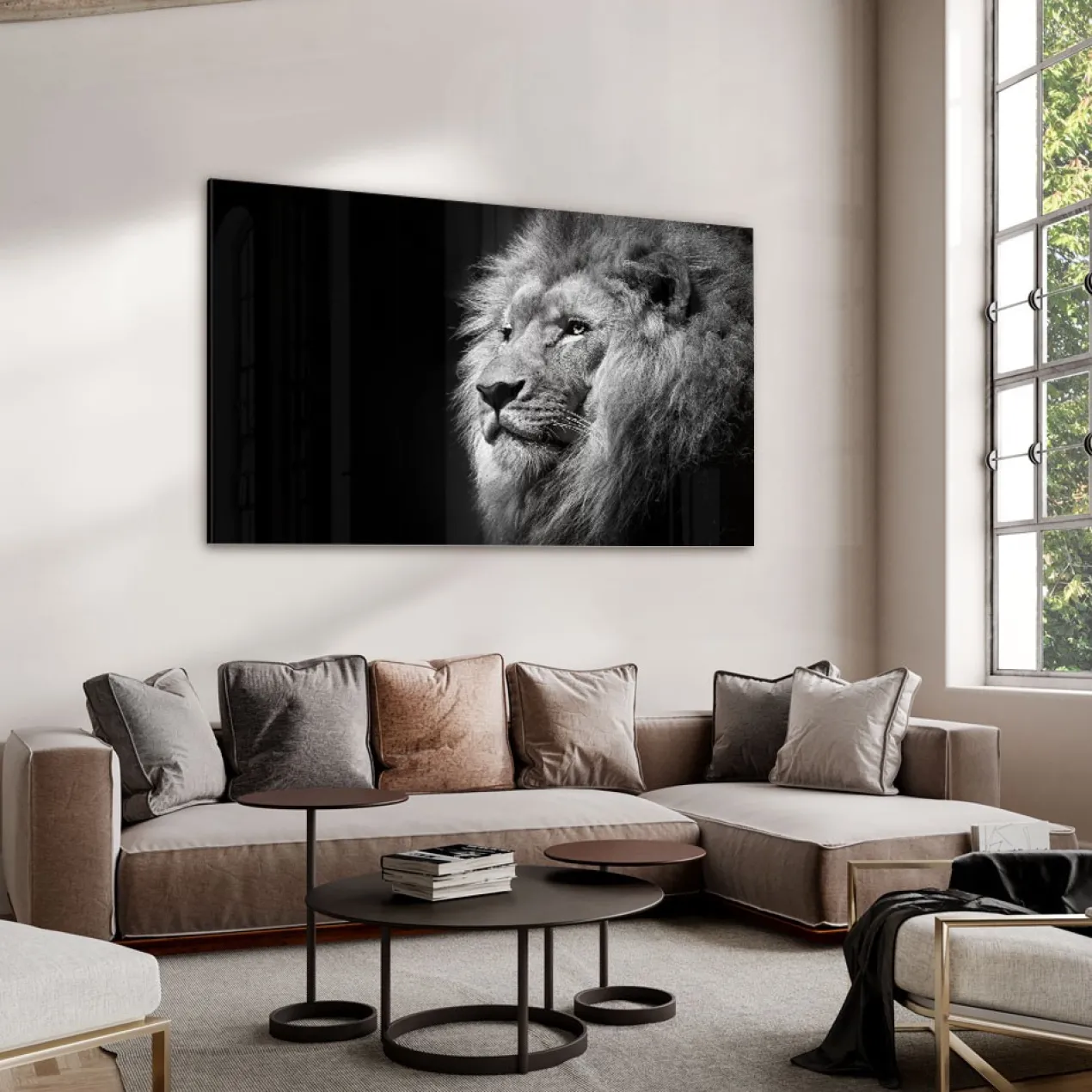 Walljar acrylglas schilderij - Gazing Lion Acrylglas schilderij - 80 x 120 cm