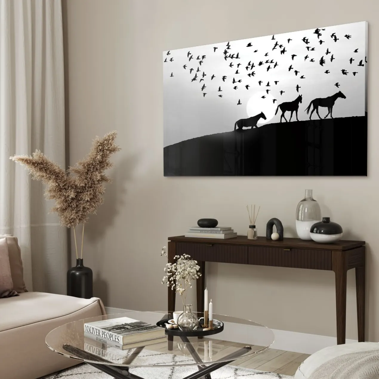 Walljar acrylglas schilderij - Distant Horses Acrylglas schilderij - 120 x 180 cm