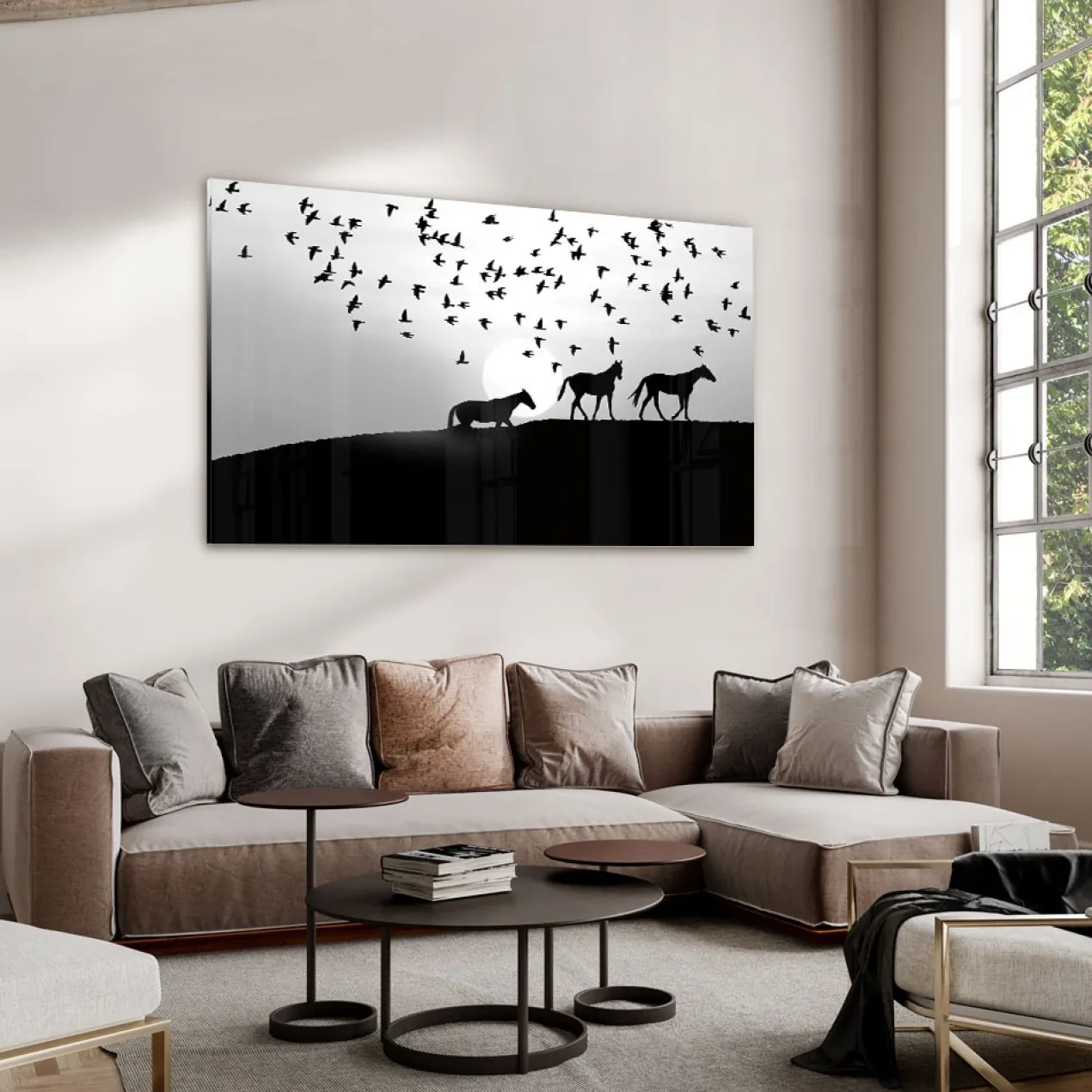 Walljar acrylglas schilderij - Distant Horses Acrylglas schilderij - 150 x 225 cm
