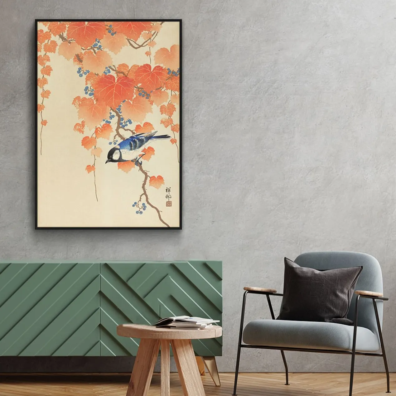Walljar plexiglas schilderij - Ohara Koson - Great Tit On Paulownia Branch Plexiglas schilderij - 60 x 90 cm