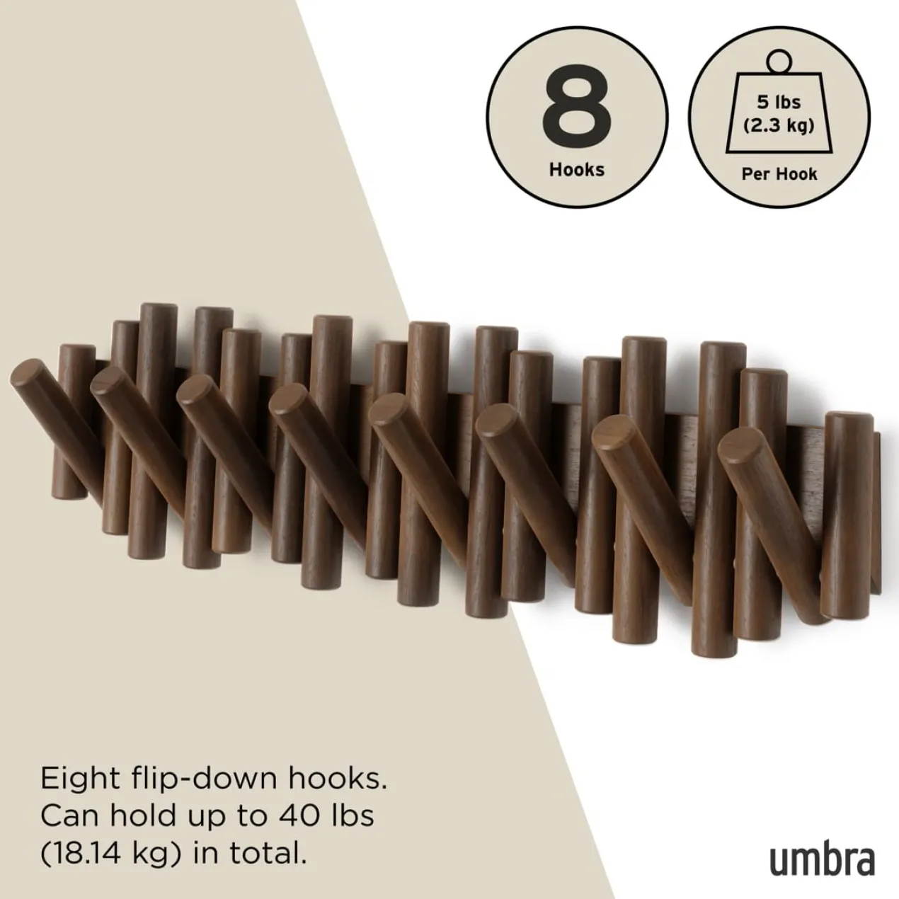 Wandkapstok Umbra Picket 8 haken Walnoot hout