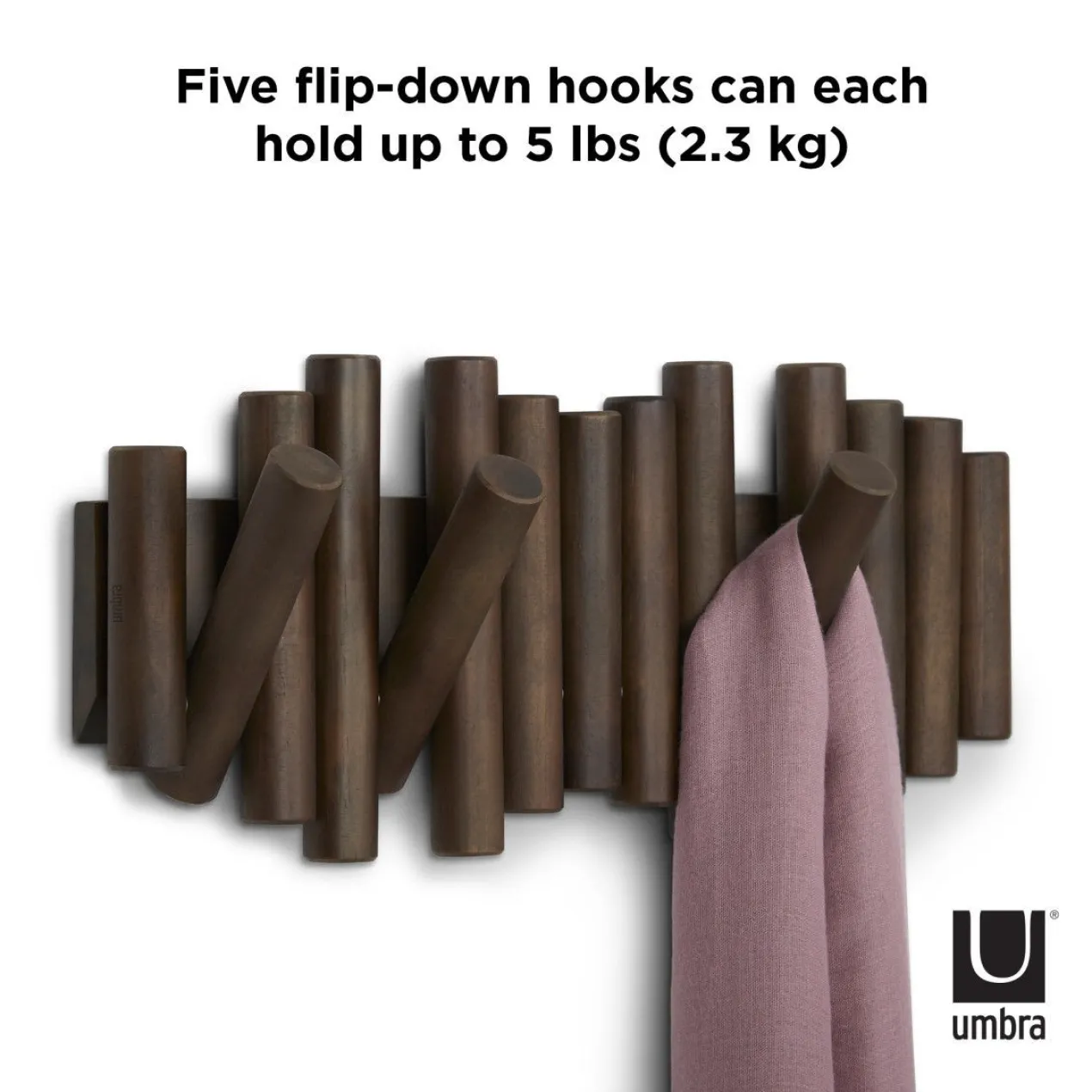 Wandkapstok Umbra Picket 5 haken walnoot hout